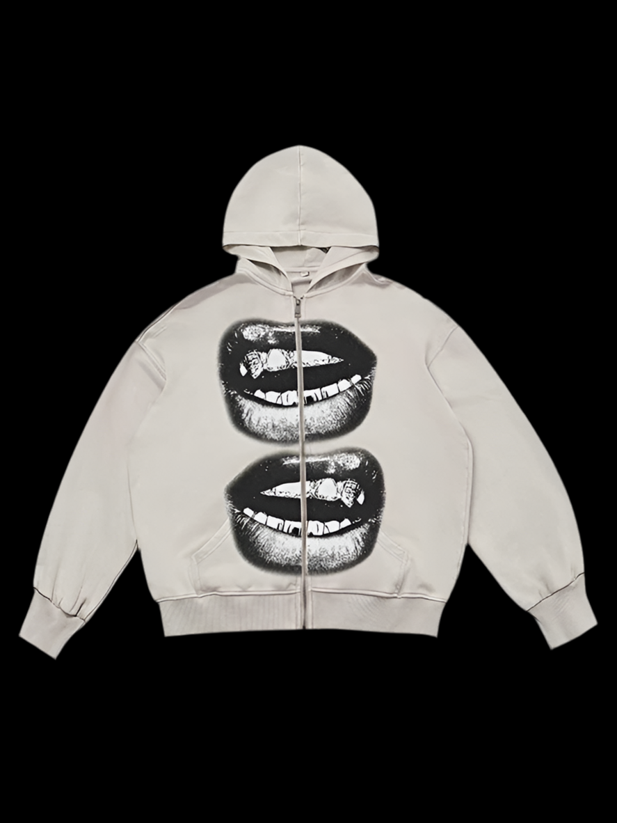 Black & White Lips Shell Washed Zip Up Hoodie